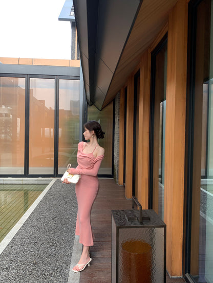 Pretty Draped Off Shoulder Long Sleeve Maxi Dress Pink Mermaid Evening Long Dress AP3791