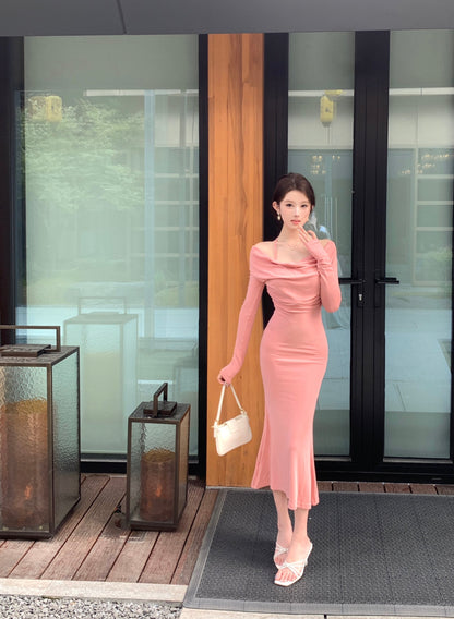 Pretty Draped Off Shoulder Long Sleeve Maxi Dress Pink Mermaid Evening Long Dress AP3791