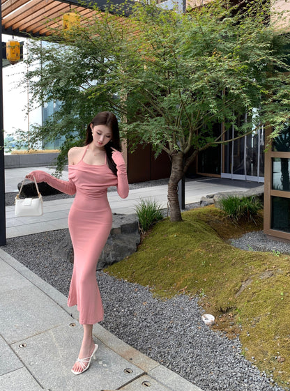 Pretty Draped Off Shoulder Long Sleeve Maxi Dress Pink Mermaid Evening Long Dress AP3791