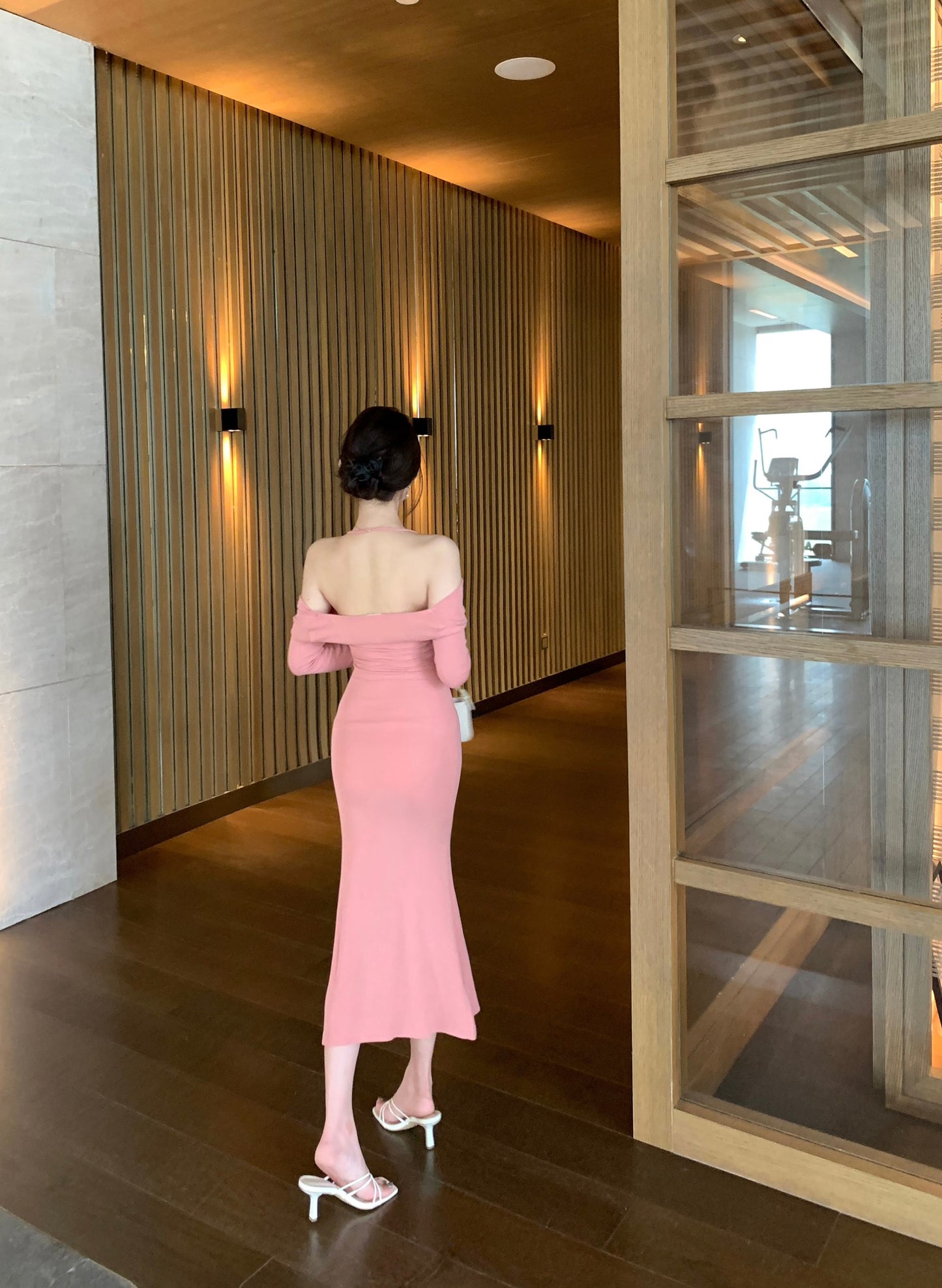 Pretty Draped Off Shoulder Long Sleeve Maxi Dress Pink Mermaid Evening Long Dress AP3791