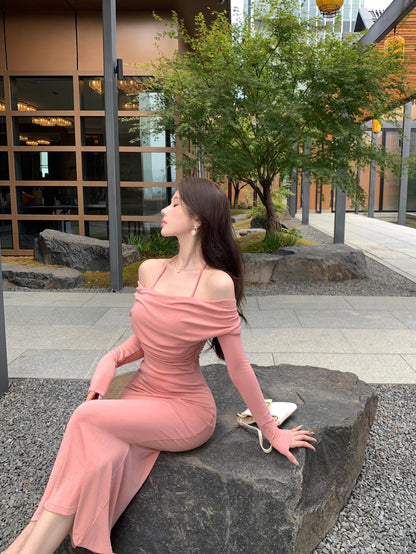 Pretty Draped Off Shoulder Long Sleeve Maxi Dress Pink Mermaid Evening Long Dress AP3791