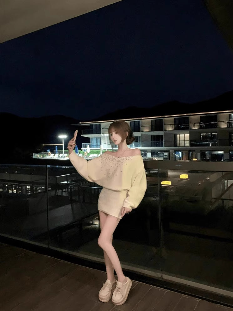 Fancy Off Shoulder Sweater 2-Piece Set Bodycon Mini Skirt Trendy Long Sleeve Beaded Short Dress AP3792