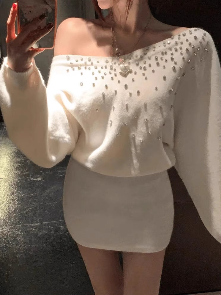 Fancy Off Shoulder Sweater 2-Piece Set Bodycon Mini Skirt Trendy Long Sleeve Beaded Short Dress AP3792