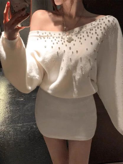 Fancy Off Shoulder Sweater 2-Piece Set Bodycon Mini Skirt Trendy Long Sleeve Beaded Short Dress AP3792