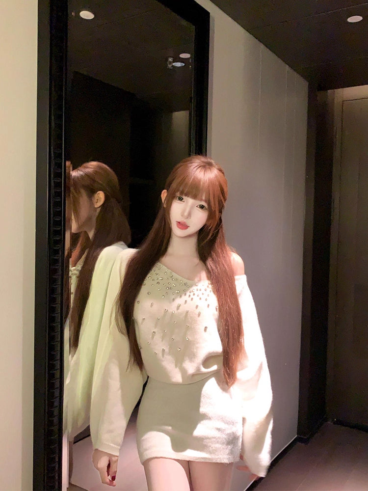 Fancy Off Shoulder Sweater 2-Piece Set Bodycon Mini Skirt Trendy Long Sleeve Beaded Short Dress AP3792