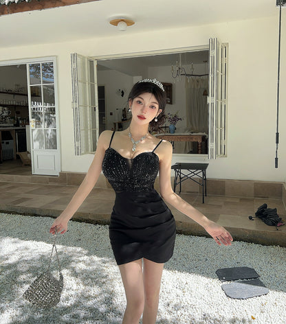 Delicate Sequins Accent Spaghetti Strap Mini Skirt Alluring Parties Outfit Tulle Splicing Sheath Short Dress AP3793
