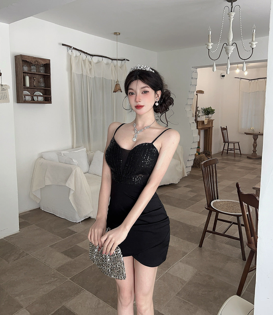 Delicate Sequins Accent Spaghetti Strap Mini Skirt Alluring Parties Outfit Tulle Splicing Sheath Short Dress AP3793