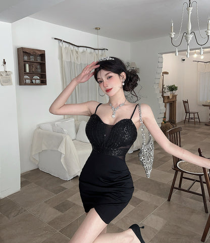 Delicate Sequins Accent Spaghetti Strap Mini Skirt Alluring Parties Outfit Tulle Splicing Sheath Short Dress AP3793