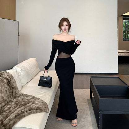 Hot Girls Off Shoulder Long Sleeve Evening Maxi Dress Fancy Splicing Tulle Black Mermaid Long Dress AP3794