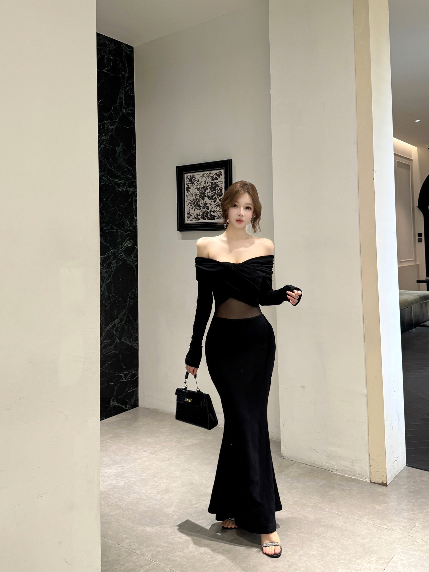 Hot Girls Off Shoulder Long Sleeve Evening Maxi Dress Fancy Splicing Tulle Black Mermaid Long Dress AP3794