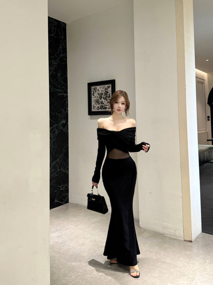 Hot Girls Off Shoulder Long Sleeve Evening Maxi Dress Fancy Splicing Tulle Black Mermaid Long Dress AP3794