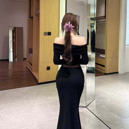 Hot Girls Off Shoulder Long Sleeve Evening Maxi Dress Fancy Splicing Tulle Black Mermaid Long Dress AP3794