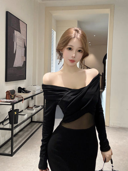 Hot Girls Off Shoulder Long Sleeve Evening Maxi Dress Fancy Splicing Tulle Black Mermaid Long Dress AP3794