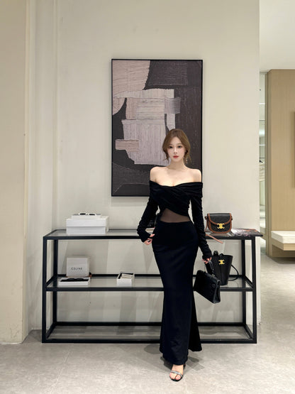 Hot Girls Off Shoulder Long Sleeve Evening Maxi Dress Fancy Splicing Tulle Black Mermaid Long Dress AP3794