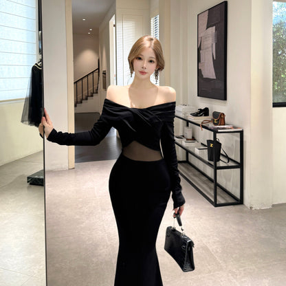 Hot Girls Off Shoulder Long Sleeve Evening Maxi Dress Fancy Splicing Tulle Black Mermaid Long Dress AP3794