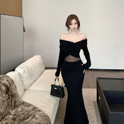 Hot Girls Off Shoulder Long Sleeve Evening Maxi Dress Fancy Splicing Tulle Black Mermaid Long Dress AP3794