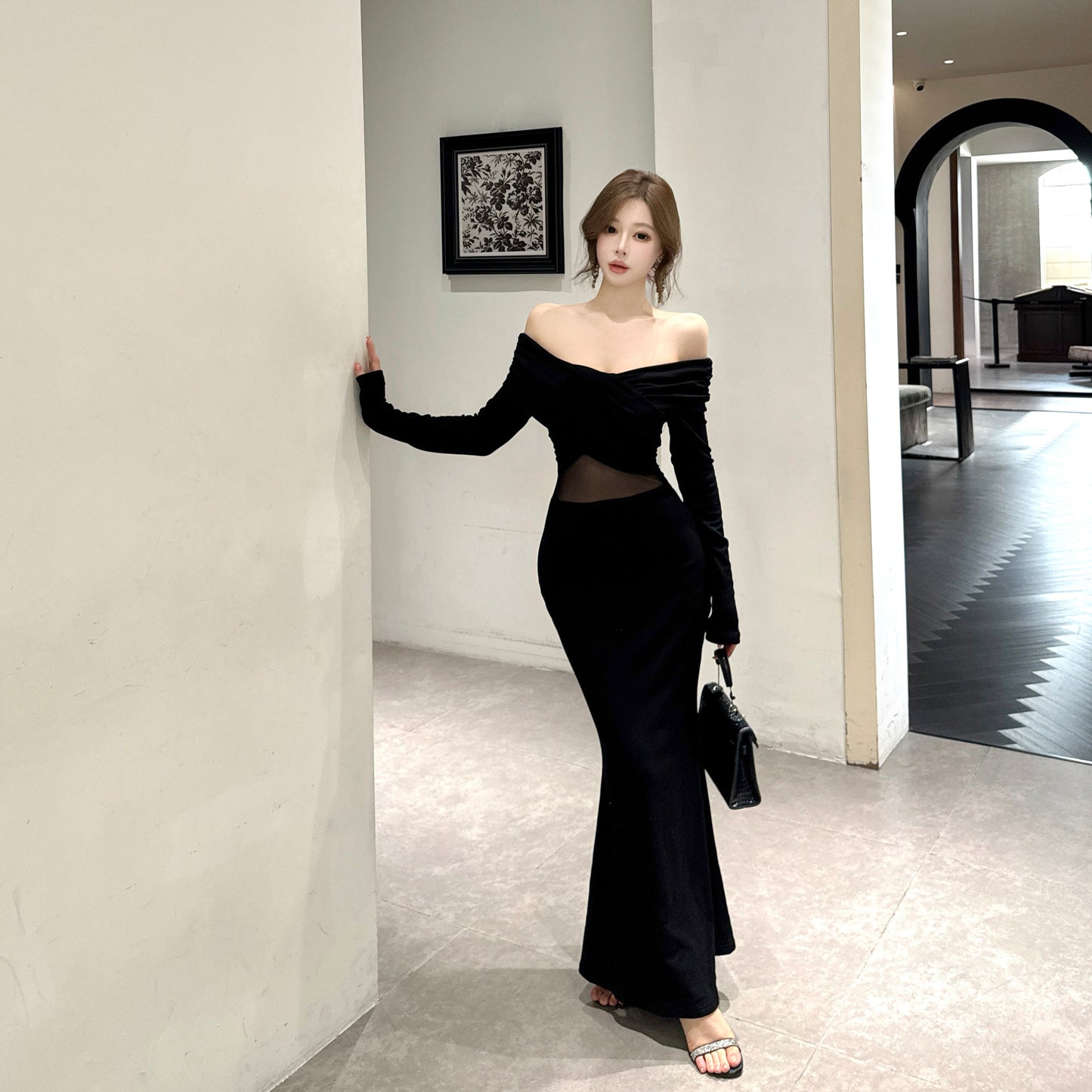 Hot Girls Off Shoulder Long Sleeve Evening Maxi Dress Fancy Splicing Tulle Black Mermaid Long Dress AP3794