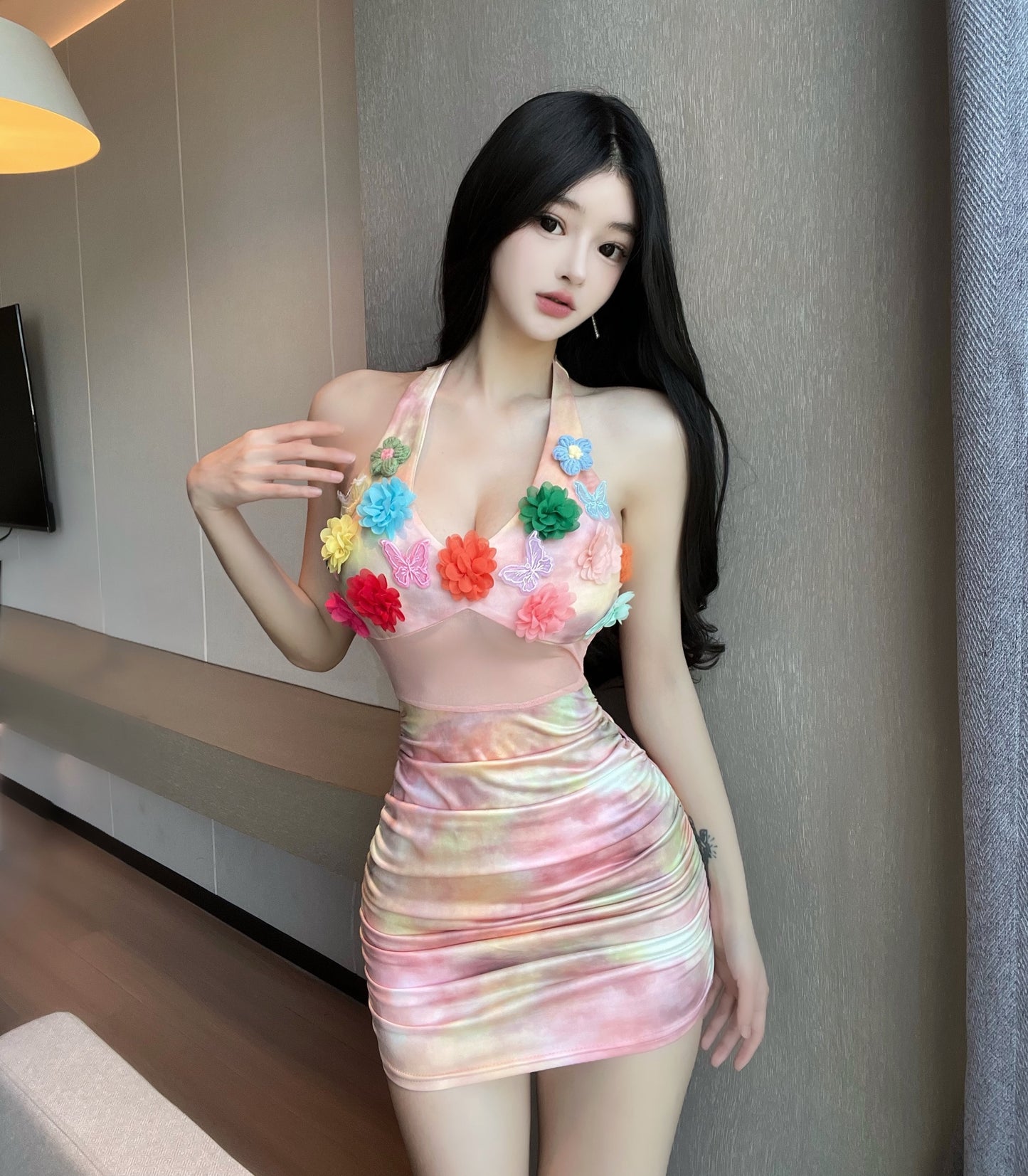 Vibrant Tie-Dye Bodycon 3D Floral Mini Skirt Unique Tulle Splicing Parties Outfit Halter Short Dress AP3795