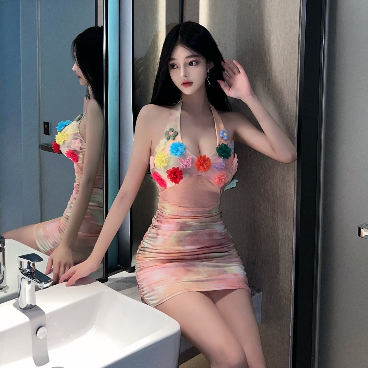 Vibrant Tie-Dye Bodycon 3D Floral Mini Skirt Unique Tulle Splicing Parties Outfit Halter Short Dress AP3795