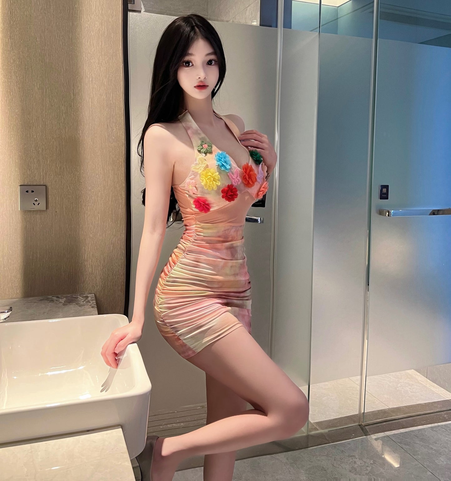 Vibrant Tie-Dye Bodycon 3D Floral Mini Skirt Unique Tulle Splicing Parties Outfit Halter Short Dress AP3795