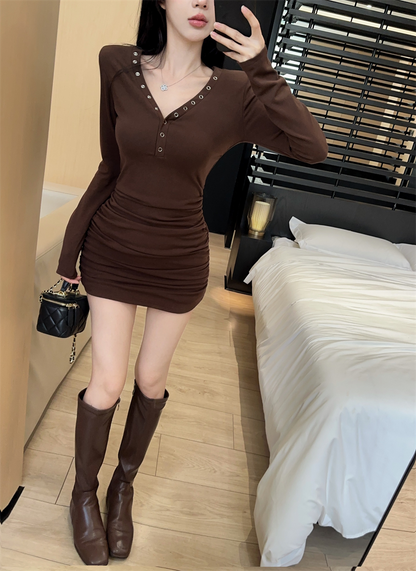 Gen Z Style V-Neck Cinched-Waist Mini Skirt Vogue Long Sleeve Bodycon Gathered Short Dress AP3796