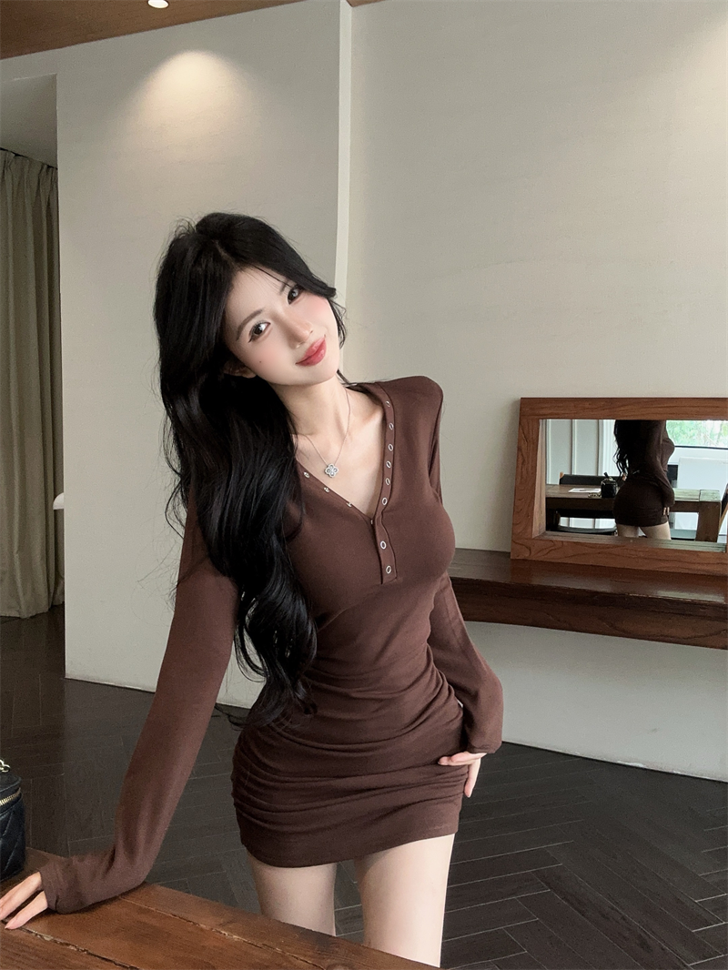 Gen Z Style V-Neck Cinched-Waist Mini Skirt Vogue Long Sleeve Bodycon Gathered Short Dress AP3796