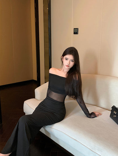 Hottie Long Sleeve Splicing Tulle Evening Maxi Dress Dreamy Off Shoulder Black Mermaid Long Dress AP3797