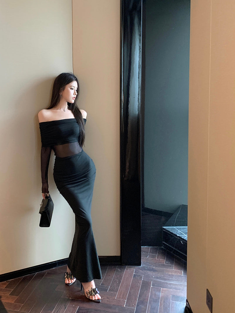 Hottie Long Sleeve Splicing Tulle Evening Maxi Dress Dreamy Off Shoulder Black Mermaid Long Dress AP3797