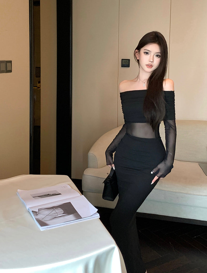 Hottie Long Sleeve Splicing Tulle Evening Maxi Dress Dreamy Off Shoulder Black Mermaid Long Dress AP3797