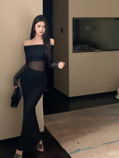 Hottie Long Sleeve Splicing Tulle Evening Maxi Dress Dreamy Off Shoulder Black Mermaid Long Dress AP3797