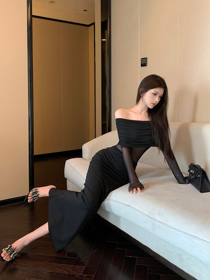 Hottie Long Sleeve Splicing Tulle Evening Maxi Dress Dreamy Off Shoulder Black Mermaid Long Dress AP3797