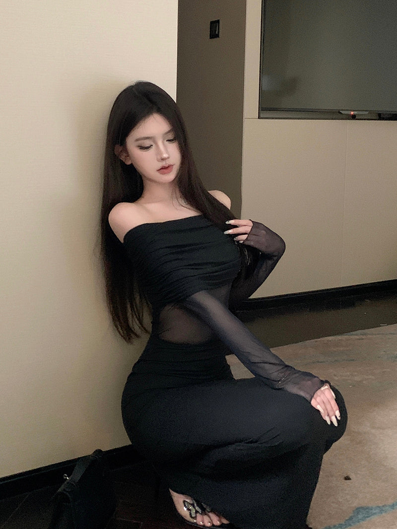 Hottie Long Sleeve Splicing Tulle Evening Maxi Dress Dreamy Off Shoulder Black Mermaid Long Dress AP3797