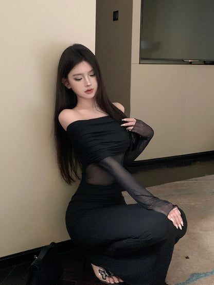 Hottie Long Sleeve Splicing Tulle Evening Maxi Dress Dreamy Off Shoulder Black Mermaid Long Dress AP3797