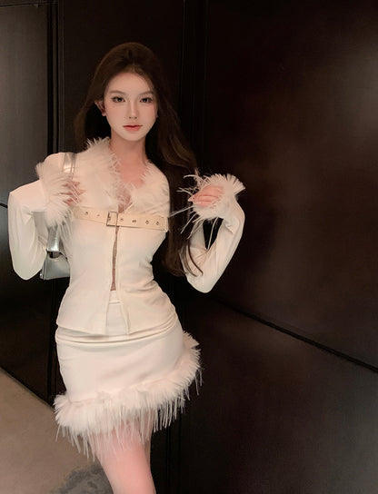 Casual V-Neck 2-Piece Set White Mini Skirt Vogue Feather Trim Belt Design Long Sleeve Bodycon Short Dress AP3798