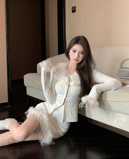 Casual V-Neck 2-Piece Set White Mini Skirt Vogue Feather Trim Belt Design Long Sleeve Bodycon Short Dress AP3798