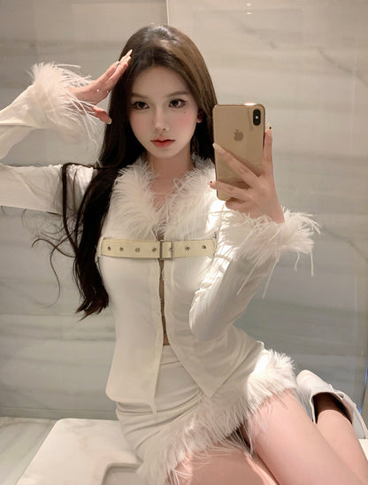 Casual V-Neck 2-Piece Set White Mini Skirt Vogue Feather Trim Belt Design Long Sleeve Bodycon Short Dress AP3798