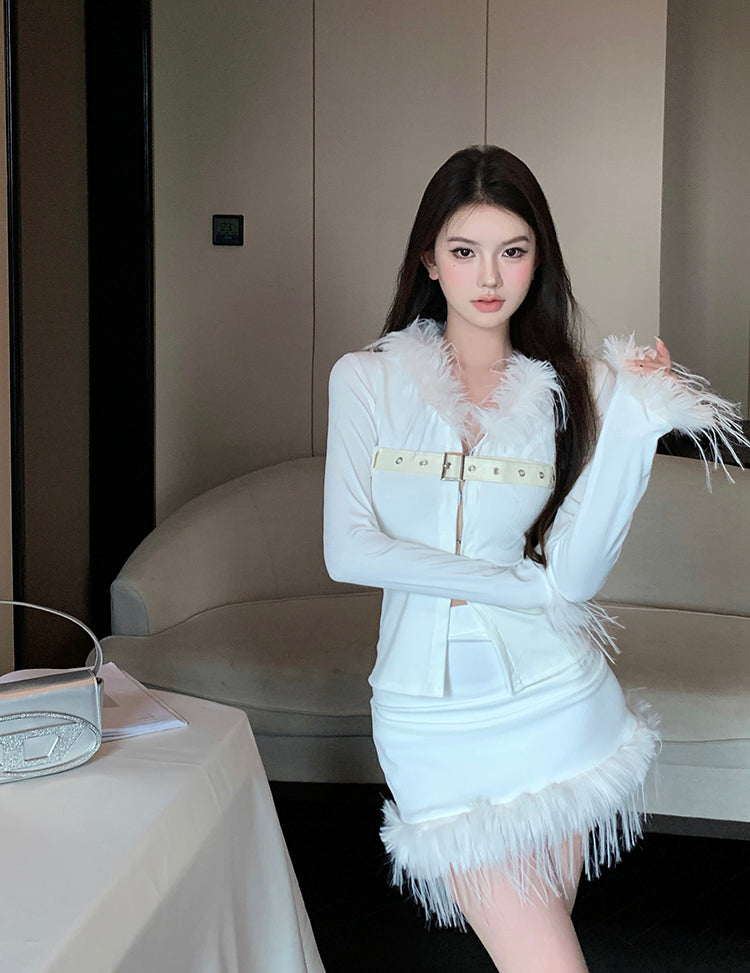 Casual V-Neck 2-Piece Set White Mini Skirt Vogue Feather Trim Belt Design Long Sleeve Bodycon Short Dress AP3798