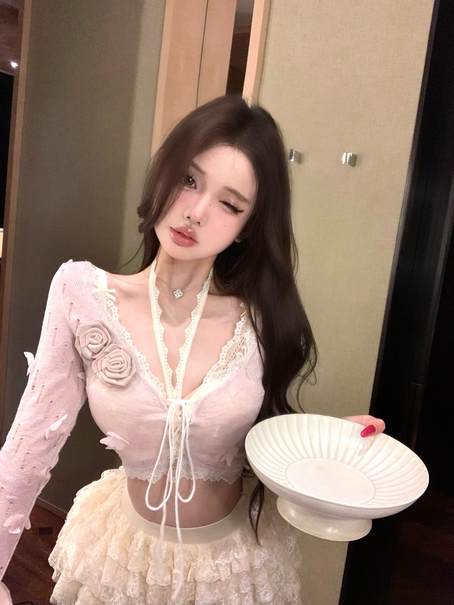 New Tendency V-Neck 3-Piece Set Mini Skirt Sweet 3D Floral Long Sleeve A-Line Tiered Short Dress AP3800