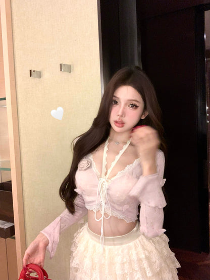 New Tendency V-Neck 3-Piece Set Mini Skirt Sweet 3D Floral Long Sleeve A-Line Tiered Short Dress AP3800