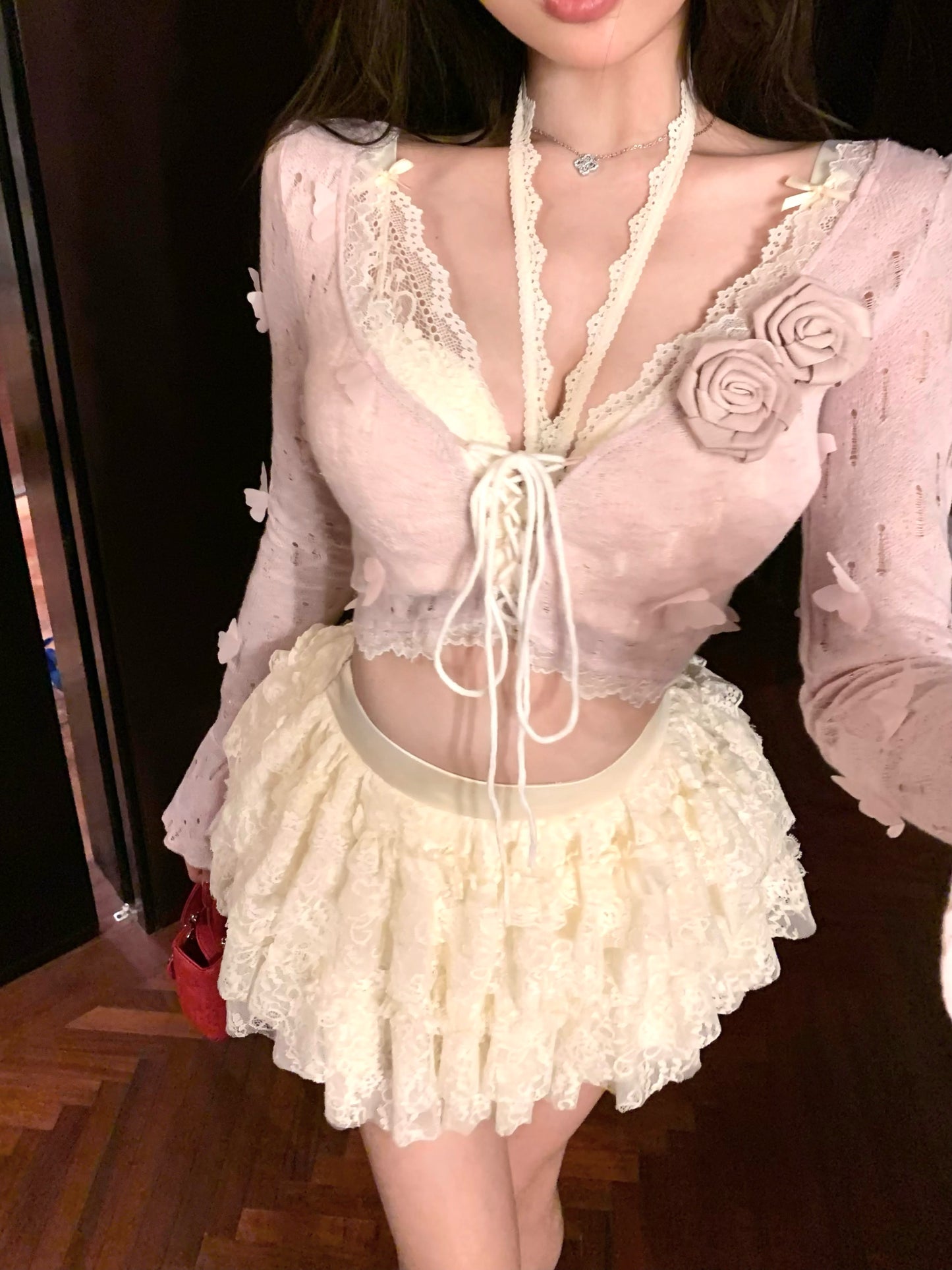 New Tendency V-Neck 3-Piece Set Mini Skirt Sweet 3D Floral Long Sleeve A-Line Tiered Short Dress AP3800