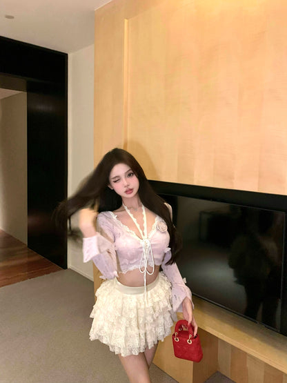 New Tendency V-Neck 3-Piece Set Mini Skirt Sweet 3D Floral Long Sleeve A-Line Tiered Short Dress AP3800