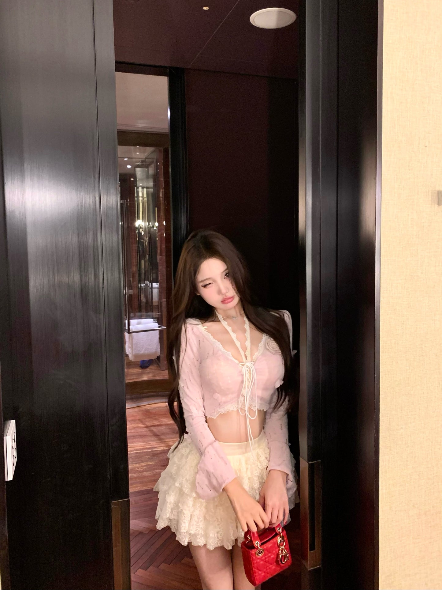 New Tendency V-Neck 3-Piece Set Mini Skirt Sweet 3D Floral Long Sleeve A-Line Tiered Short Dress AP3800