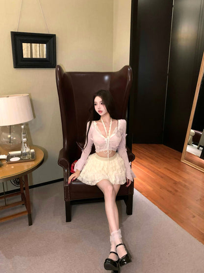 New Tendency V-Neck 3-Piece Set Mini Skirt Sweet 3D Floral Long Sleeve A-Line Tiered Short Dress AP3800