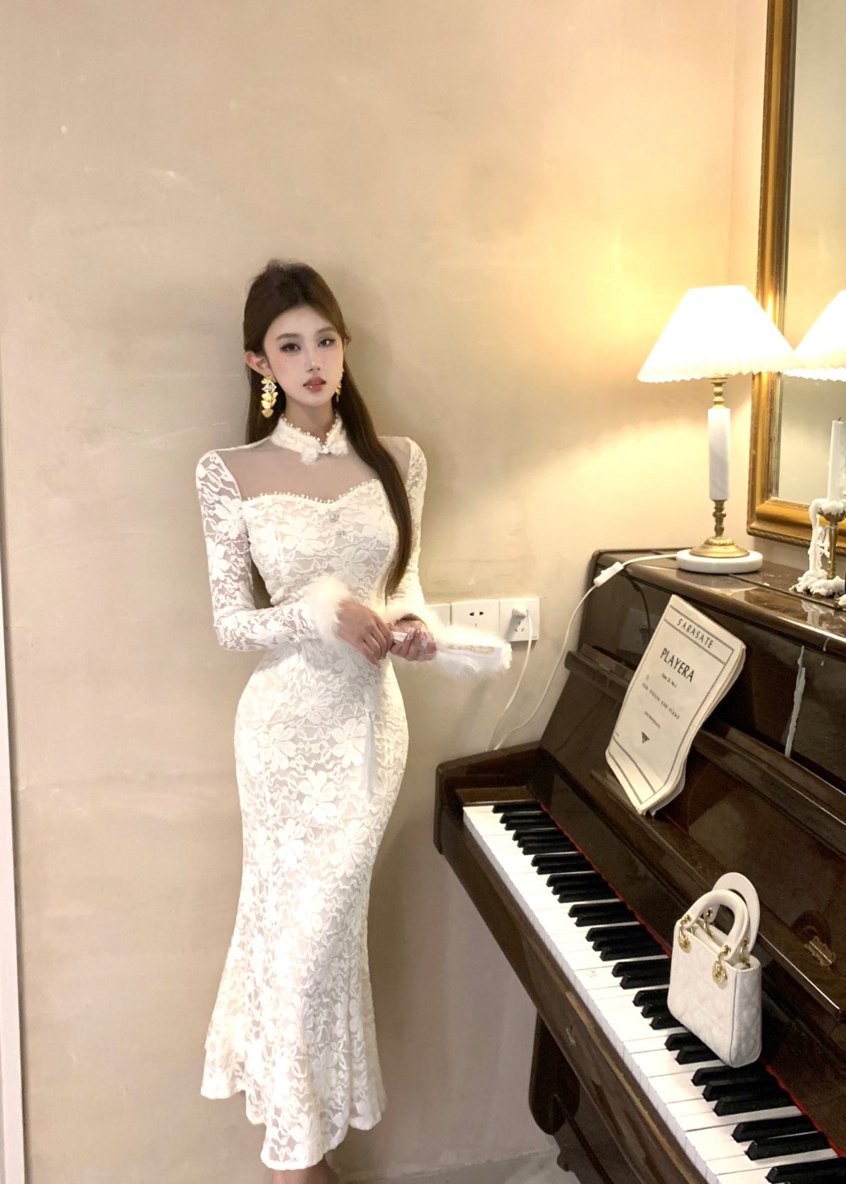 Fairy High Collar Long Sleeve Maxi Dress French Style White Lace Tulle Mermaid Evening Long Dress AP3801