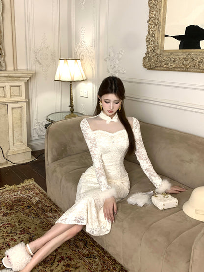 Fairy High Collar Long Sleeve Maxi Dress French Style White Lace Tulle Mermaid Evening Long Dress AP3801