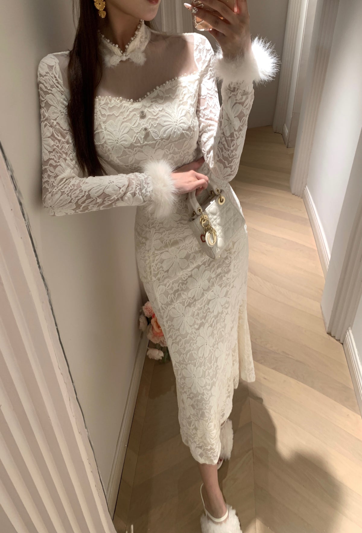 Fairy High Collar Long Sleeve Maxi Dress French Style White Lace Tulle Mermaid Evening Long Dress AP3801