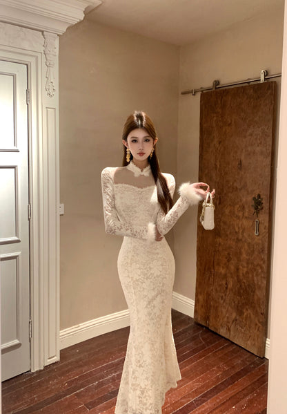 Fairy High Collar Long Sleeve Maxi Dress French Style White Lace Tulle Mermaid Evening Long Dress AP3801