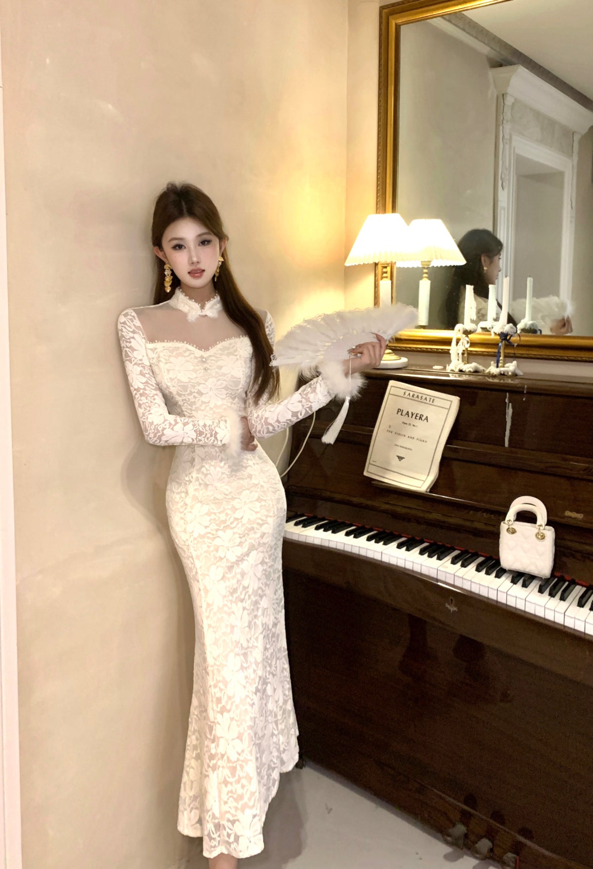 Fairy High Collar Long Sleeve Maxi Dress French Style White Lace Tulle Mermaid Evening Long Dress AP3801