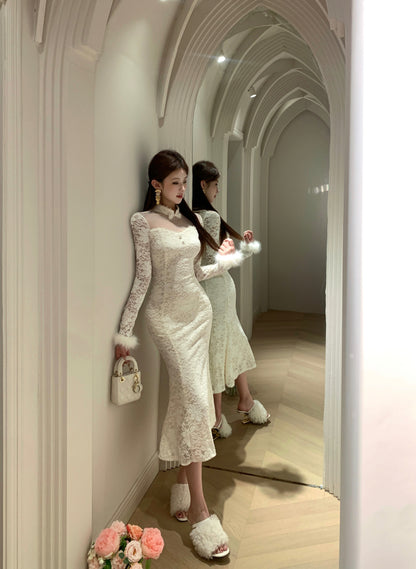 Fairy High Collar Long Sleeve Maxi Dress French Style White Lace Tulle Mermaid Evening Long Dress AP3801