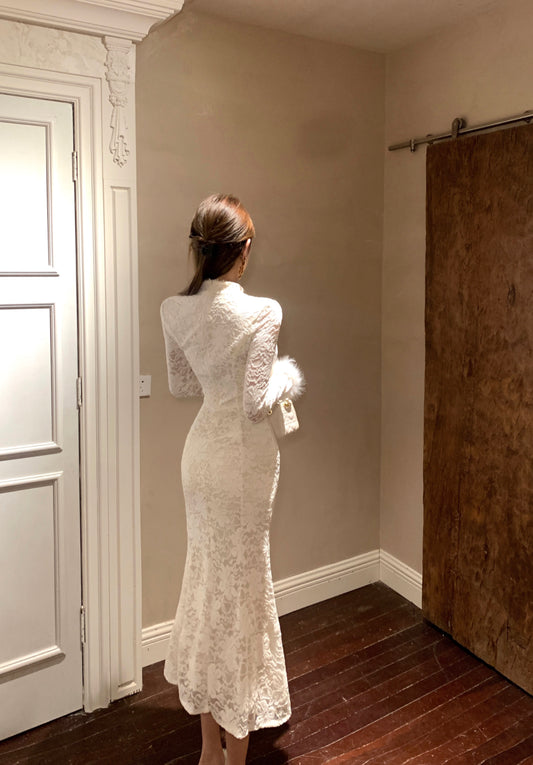 Fairy High Collar Long Sleeve Maxi Dress French Style White Lace Tulle Mermaid Evening Long Dress AP3801